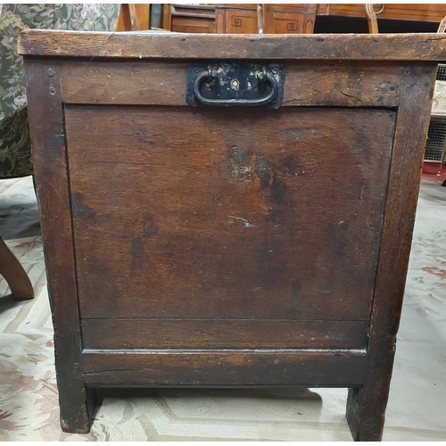 1067 - A 19th, possibly 18th Century, Elm Mule Chest with highly carved triple panelled front. 118 x 49 x H... 