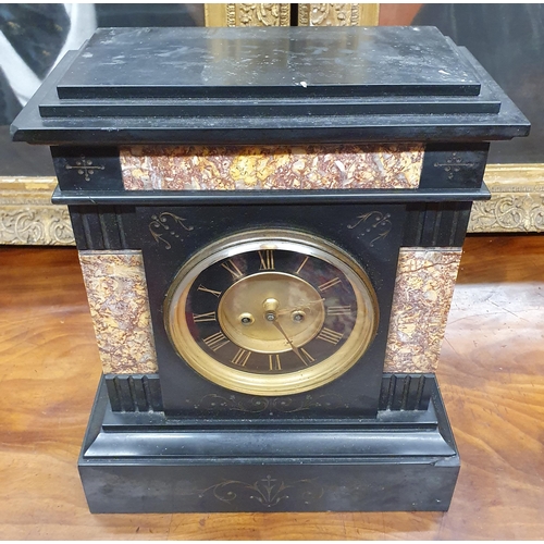 232 - A 19th Century black slate Mantel Clock with rouge marble inserts. 33 x 16 x H 38 cm approx.