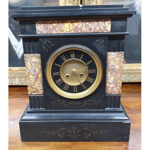 232 - A 19th Century black slate Mantel Clock with rouge marble inserts. 33 x 16 x H 38 cm approx.