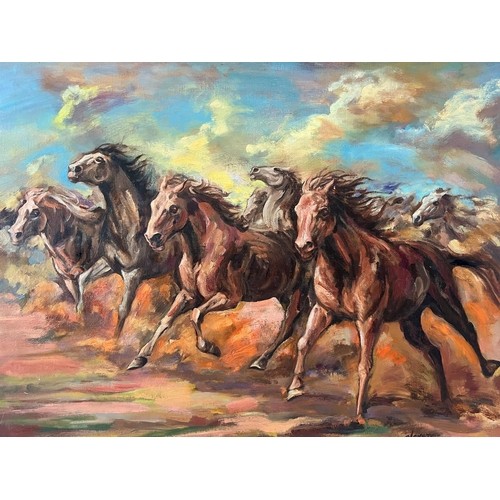 287 - Robert Barnete (Spanish, 1931-2006) - Galloping Horses, oil on board, signed lower right, 43.5 x 60 ... 