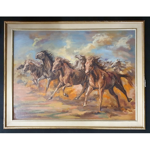 287 - Robert Barnete (Spanish, 1931-2006) - Galloping Horses, oil on board, signed lower right, 43.5 x 60 ... 