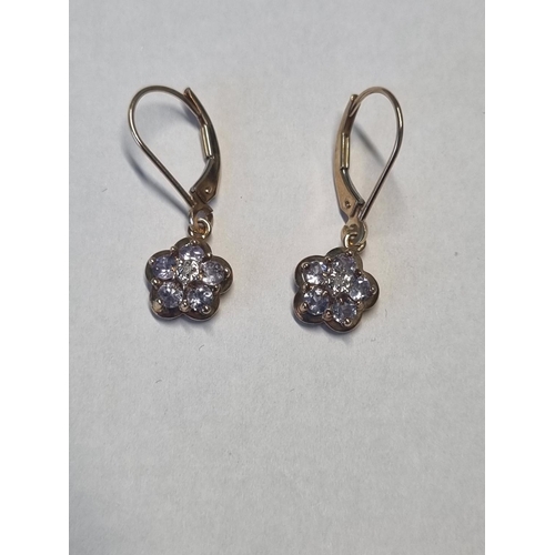 302 - A pair of 10ct Gold and Tanzanite drop Earrings.