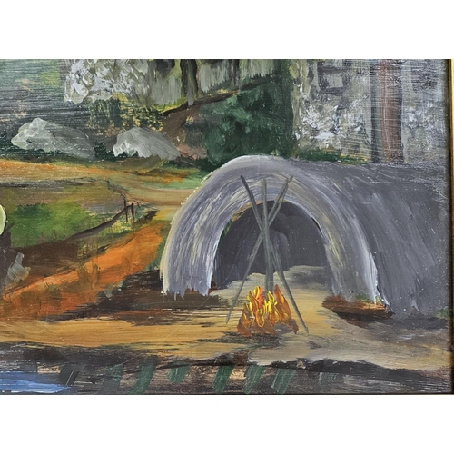 618 - A 20th century Oil on Board by John Bingham of Gypsies sitting beside an open fire. Signed LL.