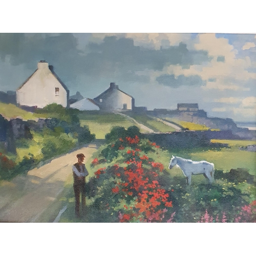 796 - John Skelton. An Oil on Board of a farmer looking at his pony. Titled Summer 1995 on Inishmore Islan... 