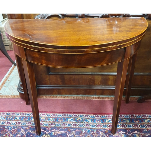 62 - A Regency Mahogany and Inlaid half moon foldover Card Table with square tapered supports.
92 x H 70 ... 