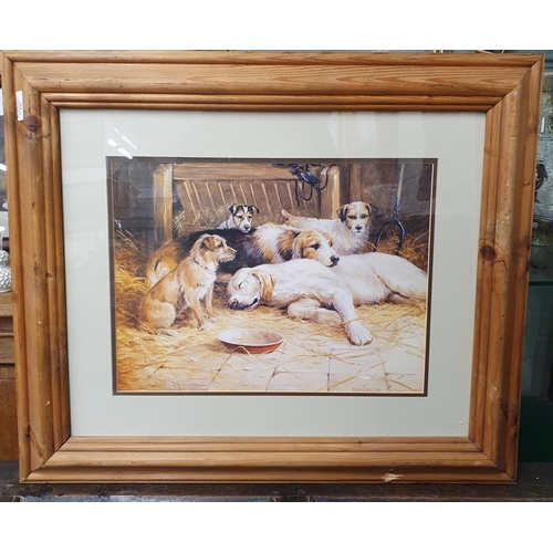 75 - After Donna Crayshaw. A coloured Print of Dogs in a stable setting. 56 x 65 cm approx.