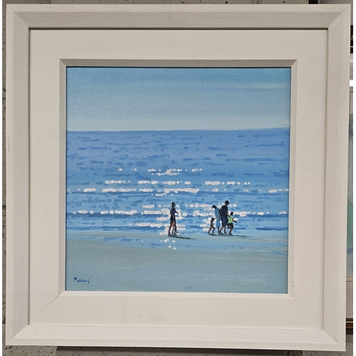 104 - John Morris. A 20th Century Oil on Board 'Summer Beach'. Signed LL. 38 x 37 cm approx.