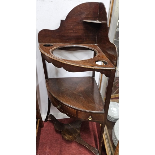 438 - A Georgian Mahogany corner Washstand with single frieze drawer. D 42 x H 110 cm approx.