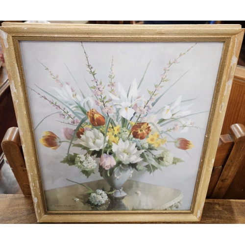 457 - Two 20th Century coloured Prints still life of flowers along with a silk panel of birds sitting on c... 