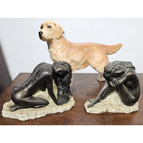 465 - Two Bronzed Figures of females along with a Sylvac style figure of a dog.