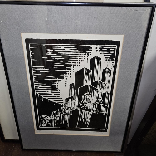 477 - A Woodblock style Picture by Ted Glaszewski, signed in the margin along with a signed etching and a ... 