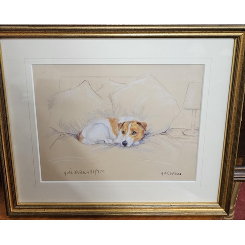 603 - After Gillian Evans. A signed limited edition coloured Print of a Terrier lying on a bed. Signed LL.... 