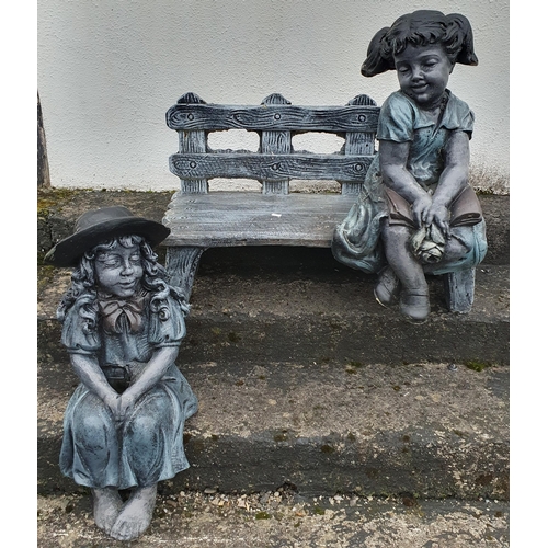 1088 - A set of Reconstituted Stone Garden Statues of two seated girls and a bench. H 65 cm approx.