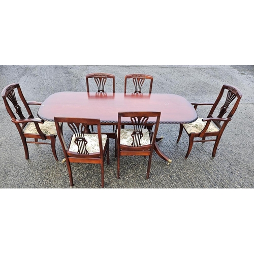 1123 - A Large Modern Mahogany Dining Table on twin pedestal base and brass casters along with a matching s... 