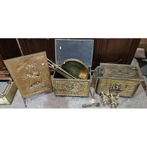 1130 - A group of Brass Fire Irons, Coal Boxes and Fire Guard etc.