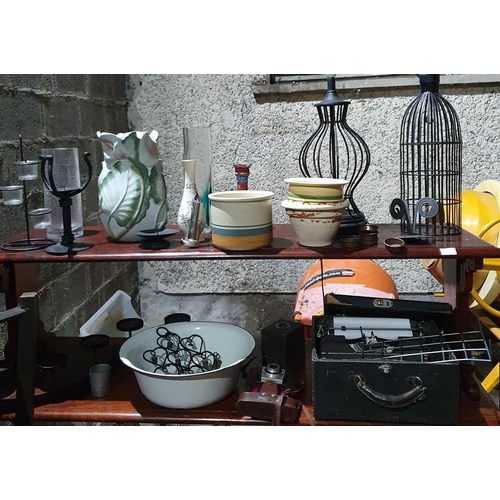 1156 - Two Shelves of Vintage Items to include a typewriter, cameras, porcelain etc.