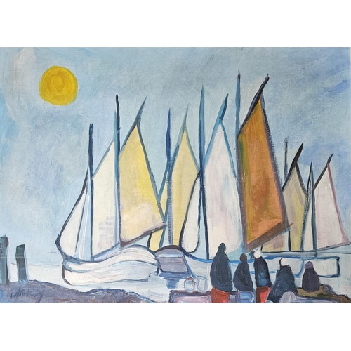 Markey Robinson, 1918 - 1999, Gouache on board, people looking out to sea at sailing boats. Signed lower left, with and original Dawson Gallery label verso. 45 x 60 cm approx.