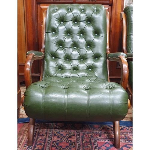 536 - A Superb pair of 20th Century Slipper Armchairs with deep buttoned green leather upholstery. W 60 x ... 