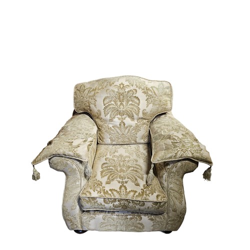 1083 - A lovely Fineline furniture Armchair with Cream damask upholstery and arm savers on turned mahogany ... 