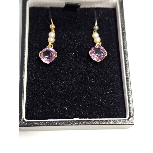 270 - A pair of Gold, Amethyst and Pearl drop Earrings.