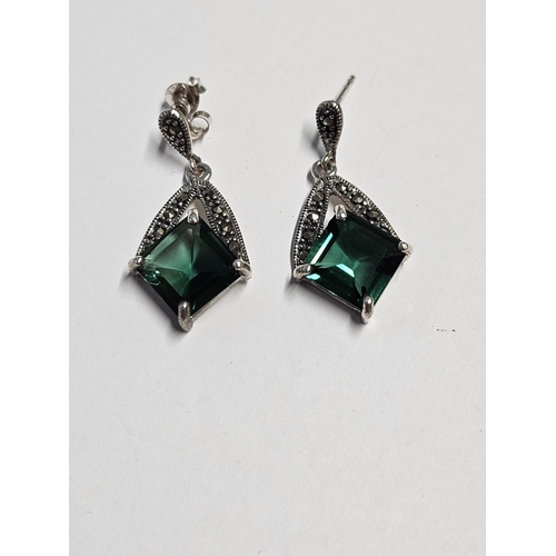 280 - A pair of Silver, Tourmaline and Marcasite drop Earrings.