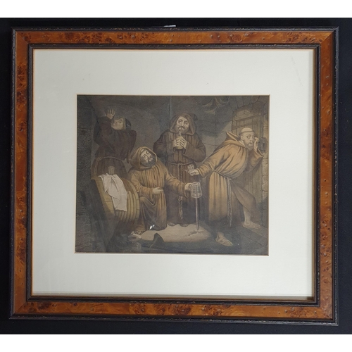 85 - A 19th Century coloured Engraving of Monks drinking. 41 x 45 cm approx.