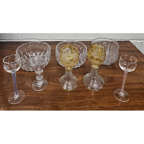 71 - An 18th Century illusion Glass, a group of Georgian Rinsers, two Bohemian Goblets, chip to bases of ... 