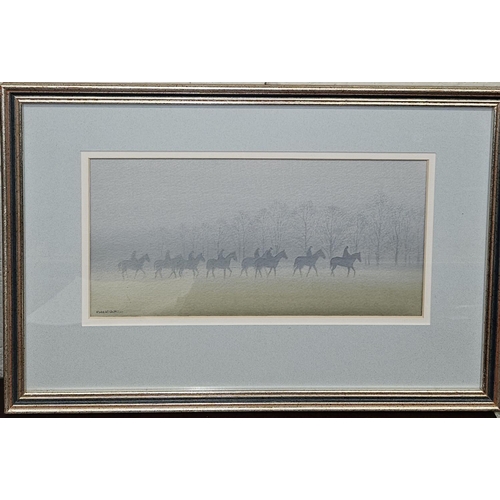 119 - 'An early morning string'. A signed coloured Print of Horses going out for a gallop. Signed LL Rober... 