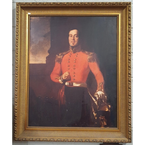 182 - A large Oleograph on canvas of a Military Gentleman in a gilt frame. 102 x 80 cm approx.