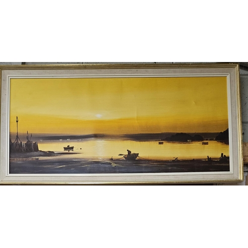 190 - A large Oil on Canvas of boatmen at dusk. No apparent signature. 45 x 100 cm approx.