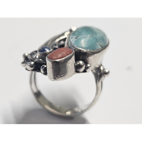 369 - A very unusual and large Silver, Turquoise and Stone set Ring, size O1/2.