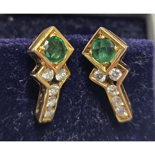 408 - A lovely pair of 18ct Gold, Diamond and Emerald drop Earrings.