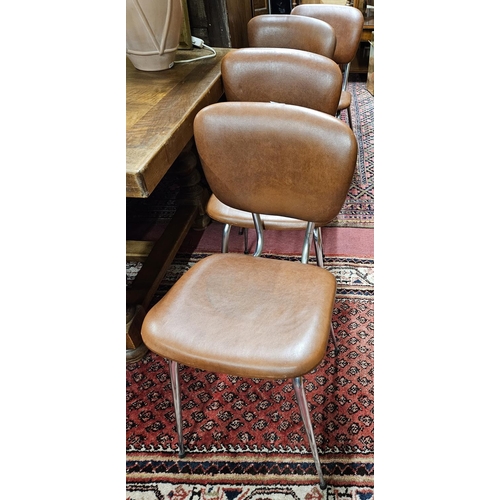 562 - A set of four retro mid century Chrome Chairs with brown leatherette upholstery. W 39 x 36 x SH 48 x... 