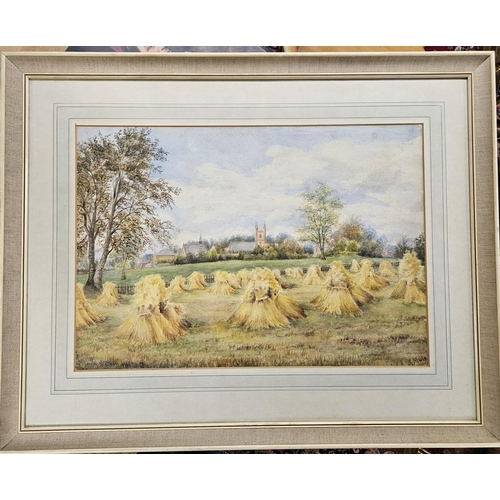 672 - A late 19th early 20th Century Watercolour of a harvest scene with a village in the background. Sign... 