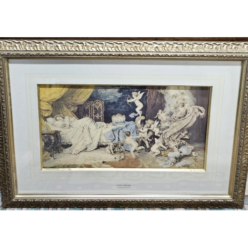 696 - A good 19th Century coloured Print 'Love dream' after Walter Charpentier. In a good silver gilt fram... 