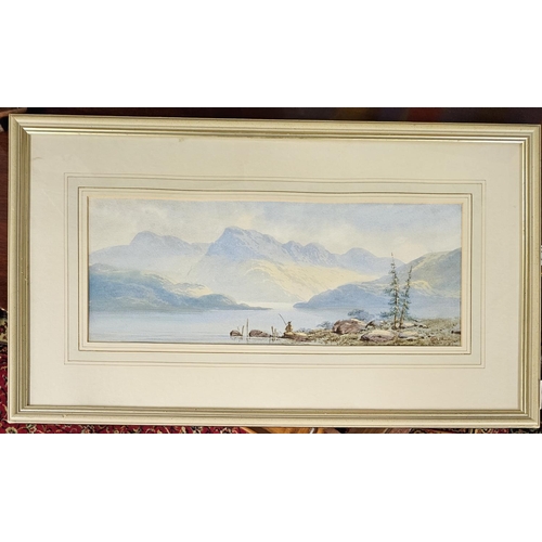 711 - A 19th Century Watercolour of a Man fishing in a lake. Indistinctly signed LR. 18 x 45 cm approx.