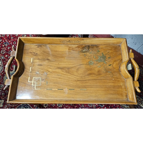 714 - A good 20th Century Hardwood foldup bed Tray Table with brass inlay. 62 x 34 x H 48 cm approx.