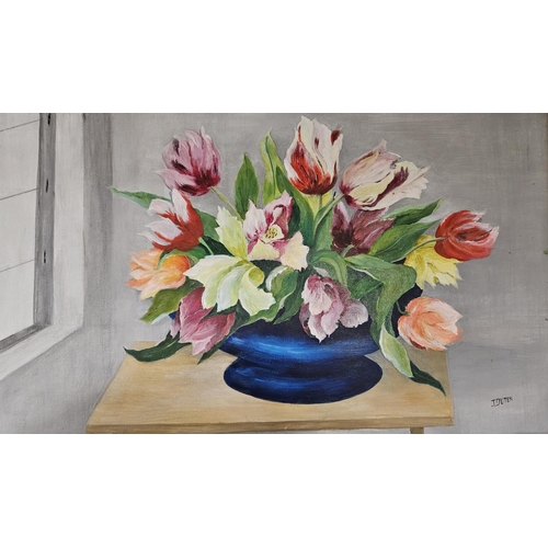 736 - A 20th Century still life Oil on Canvas of flowers in a vase on a table setting. Signed J Duten LR. ... 