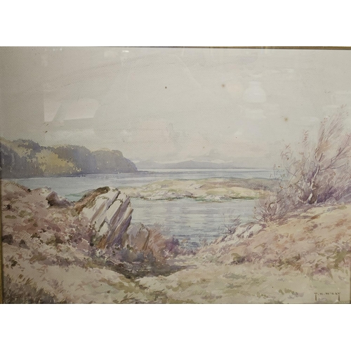 760 - Thomas Hill McKay. 1875-1941. A Watercolour of a Scottish lake scene in a highly ornate timber and p... 