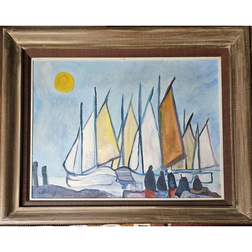 899 - Markey Robinson, 1918 - 1999, Gouache on board, people looking out to sea at sailing boats. Signed l... 