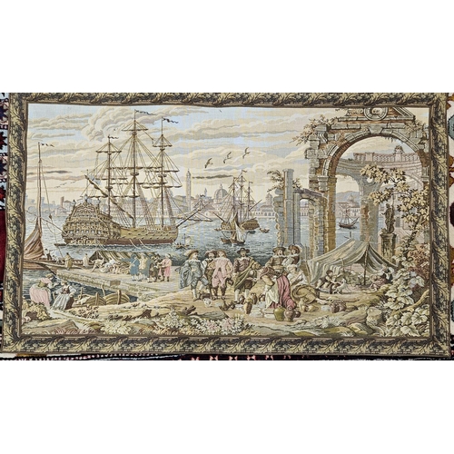 922 - A really good Tapestry of a period scene with sailing ships in a harbour. 123 x 74cm approx.