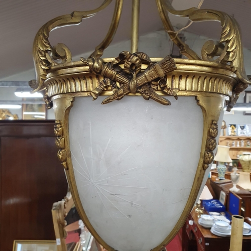 952 - A very large Brass and etched cloudy glass hall Lantern. (Crack to glass).  H 90 x D 43 cm approx.