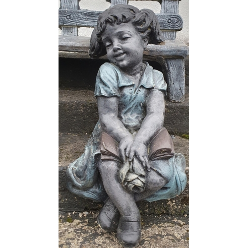 1088 - A set of Reconstituted Stone Garden Statues of two seated girls and a bench. H 65 cm approx.