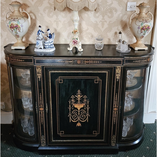 61 - A 19th Century Ebonised Credenza with double bow front and inlaid outline.
H 98 x W 148 x D 38 cm ap... 