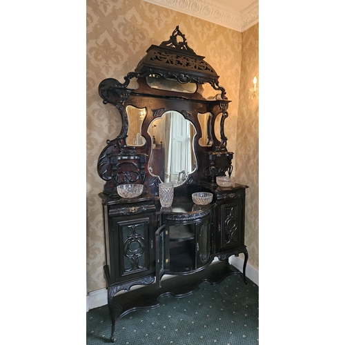 62 - A 19th Century Ebonised Display Cabinet with glazed bow fronted centre and mirrored back.
H 260 x W ... 