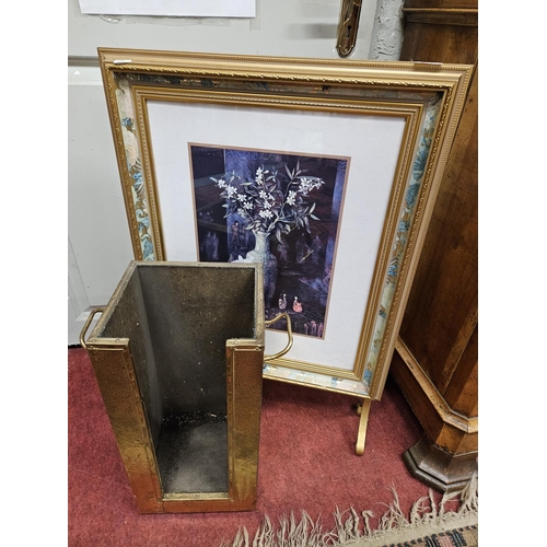 197 - An interesting Fire Screen along with a brass briquette bin. 53 x 76, 22 x 19 x H 46 cm approx.