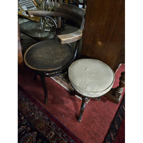 64 - A 19th Century Bentwood Armchair along with a 19th Century rise and fall piano Stool.