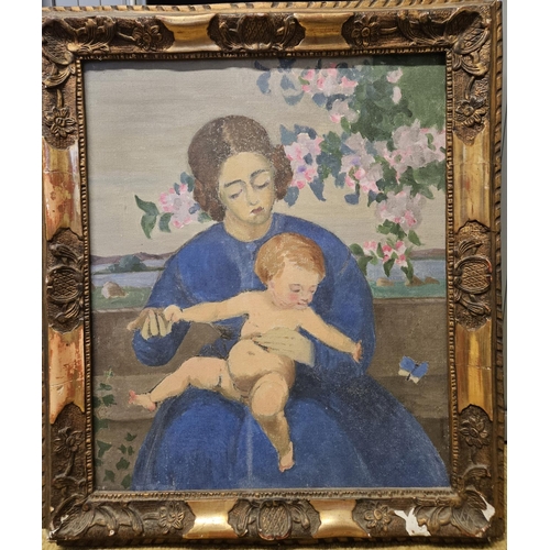 744 - Withdrawn by the vendor. A 20th Century Oil on Canvas of a woman and her baby with inscription verso... 