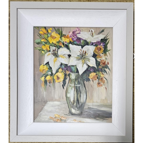 752 - Sarah Adams (Irish) 'Floral Vase' Oil on Board, frame size 41 x 36 cm approx.