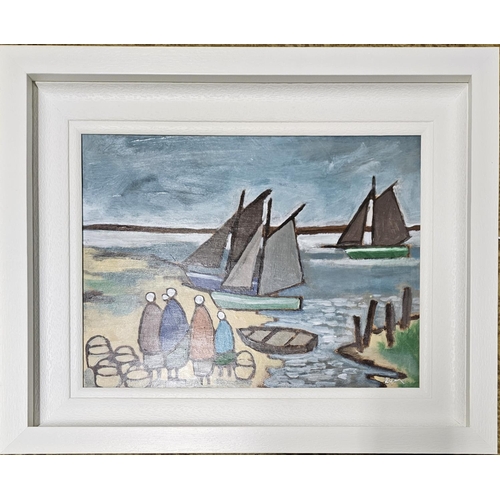 754 - James Ryan, (Irish) 'Watching the catch' Oil on Board. Signed LR. frame size 55 x 45 cm approx.